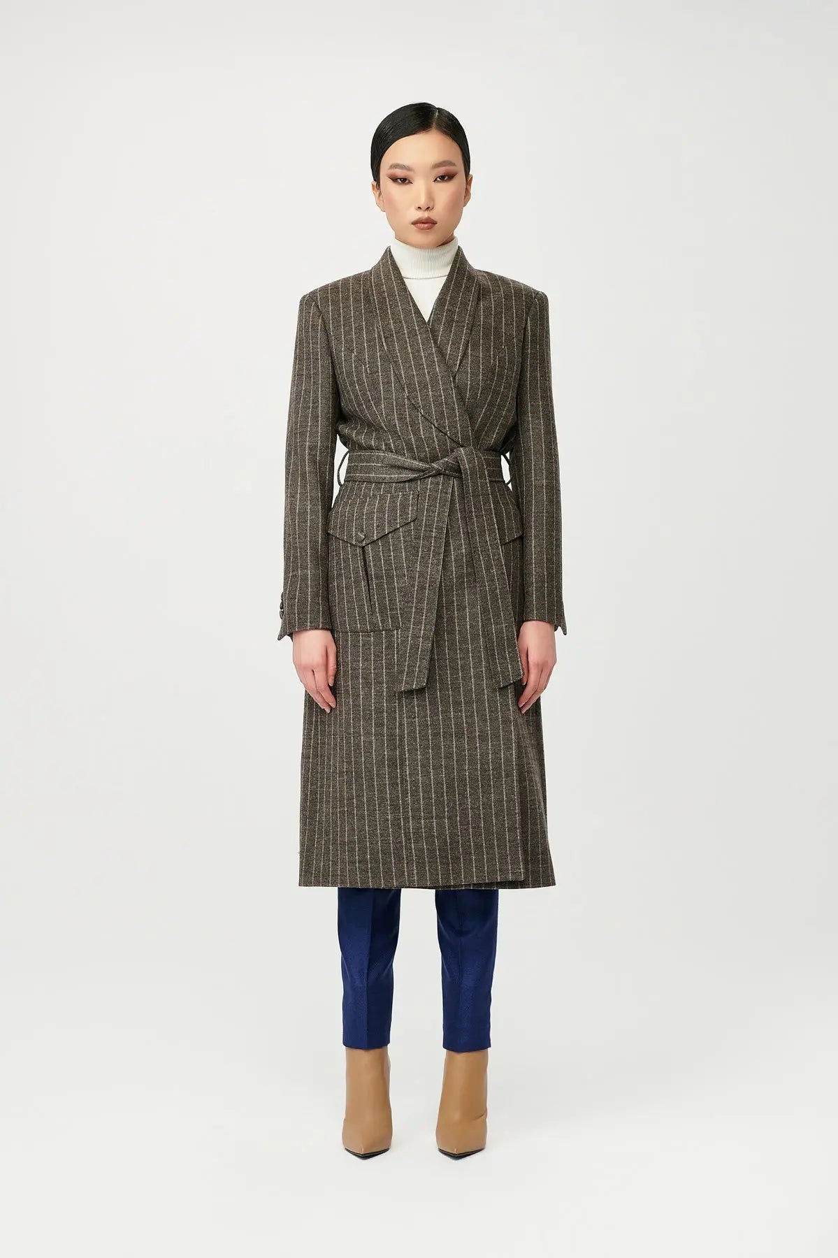 Dusk Wool Wrap Stripe Coat with Belt - Alexandra-Dobre.com