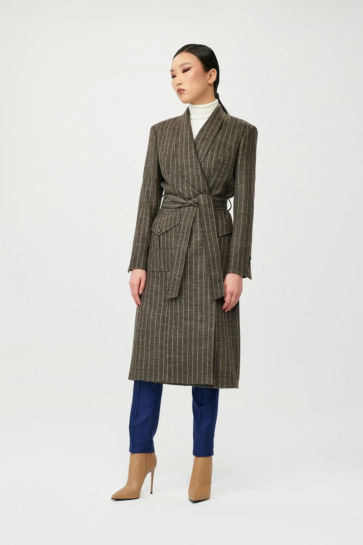 Dusk Wool Wrap Stripe Coat with Belt - Alexandra-Dobre.com