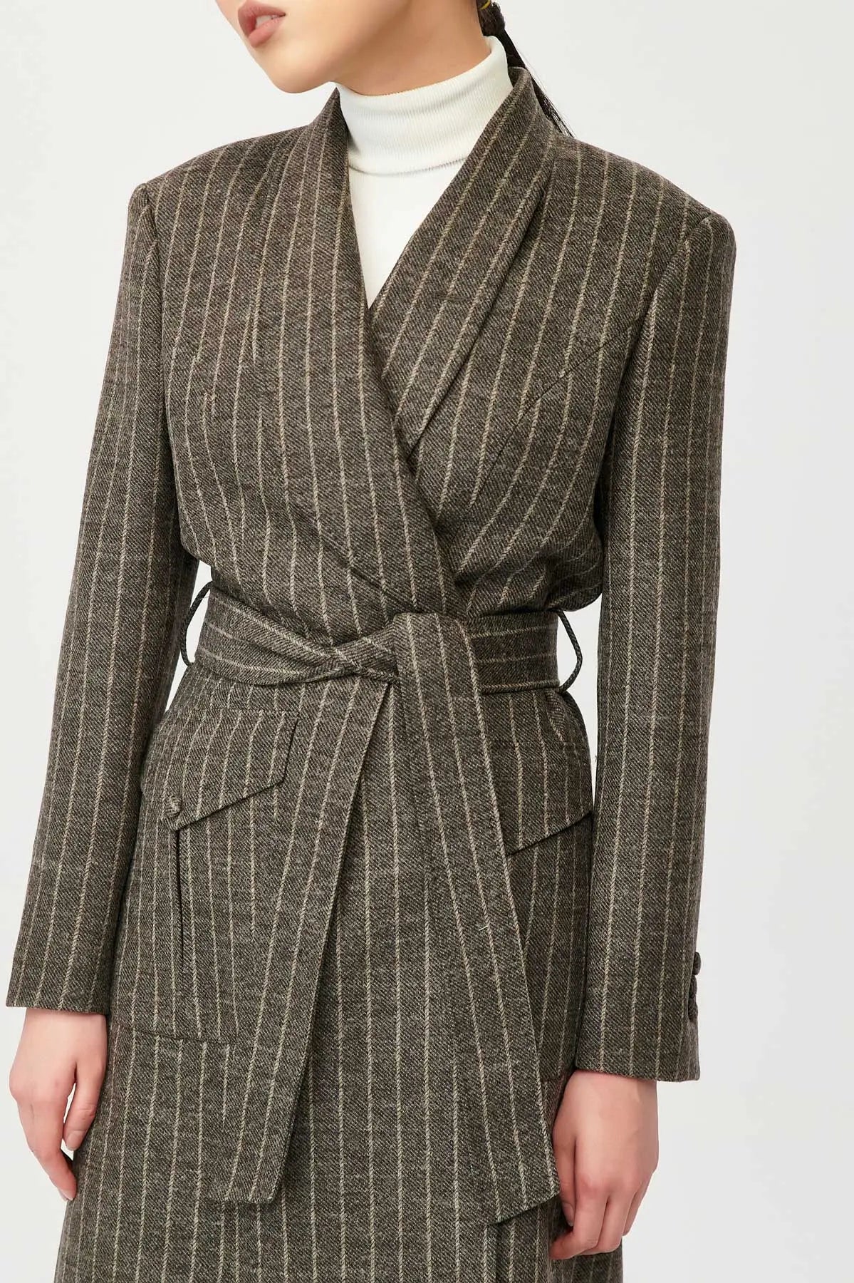 Dusk Wool Wrap Stripe Coat with Belt - Alexandra-Dobre.com