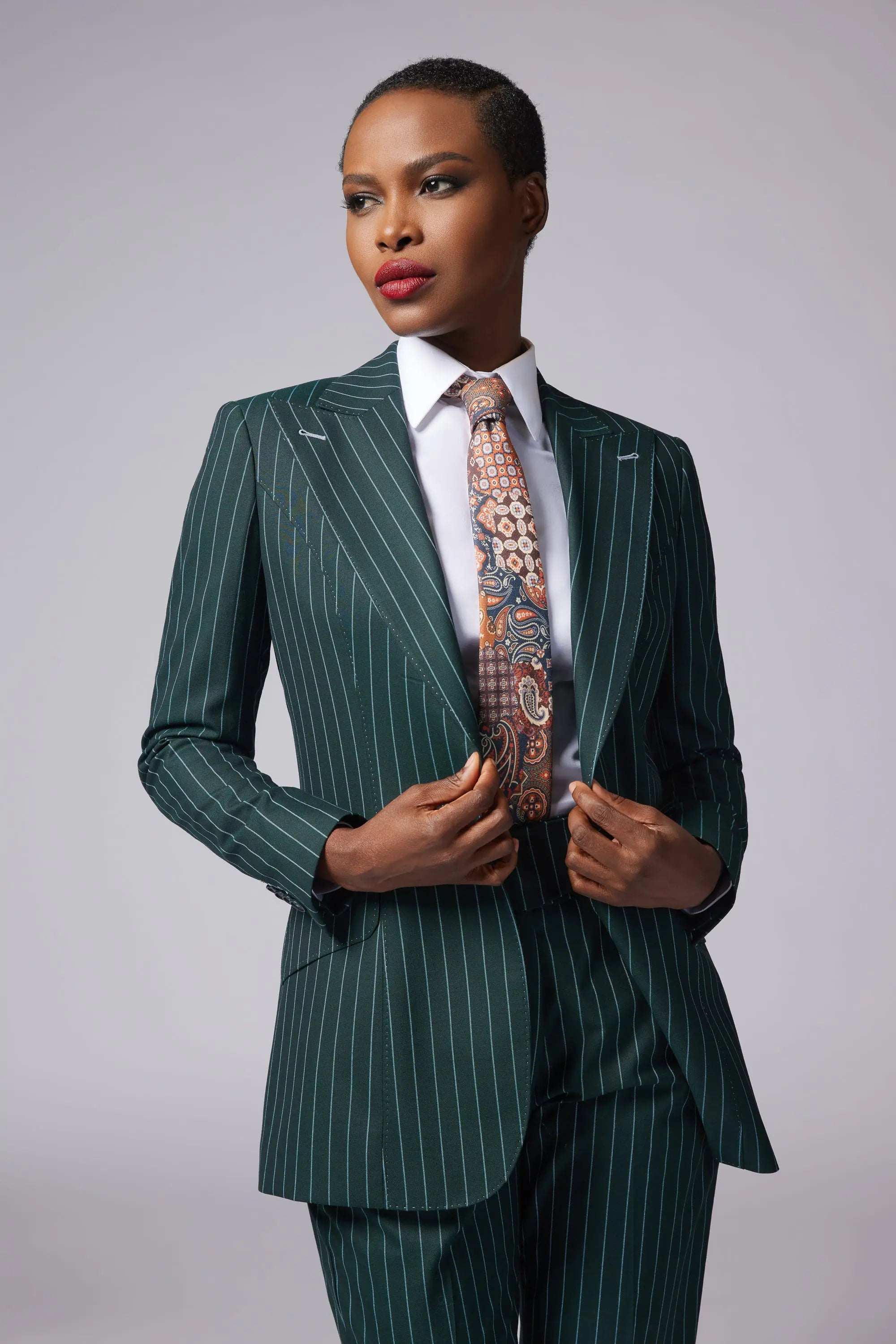 Sapphire Single Breasted Stripe Suit - Green Alexandra Dobre Sapphire Single Breasted Stripe Suit - Green Alexandra Dobre