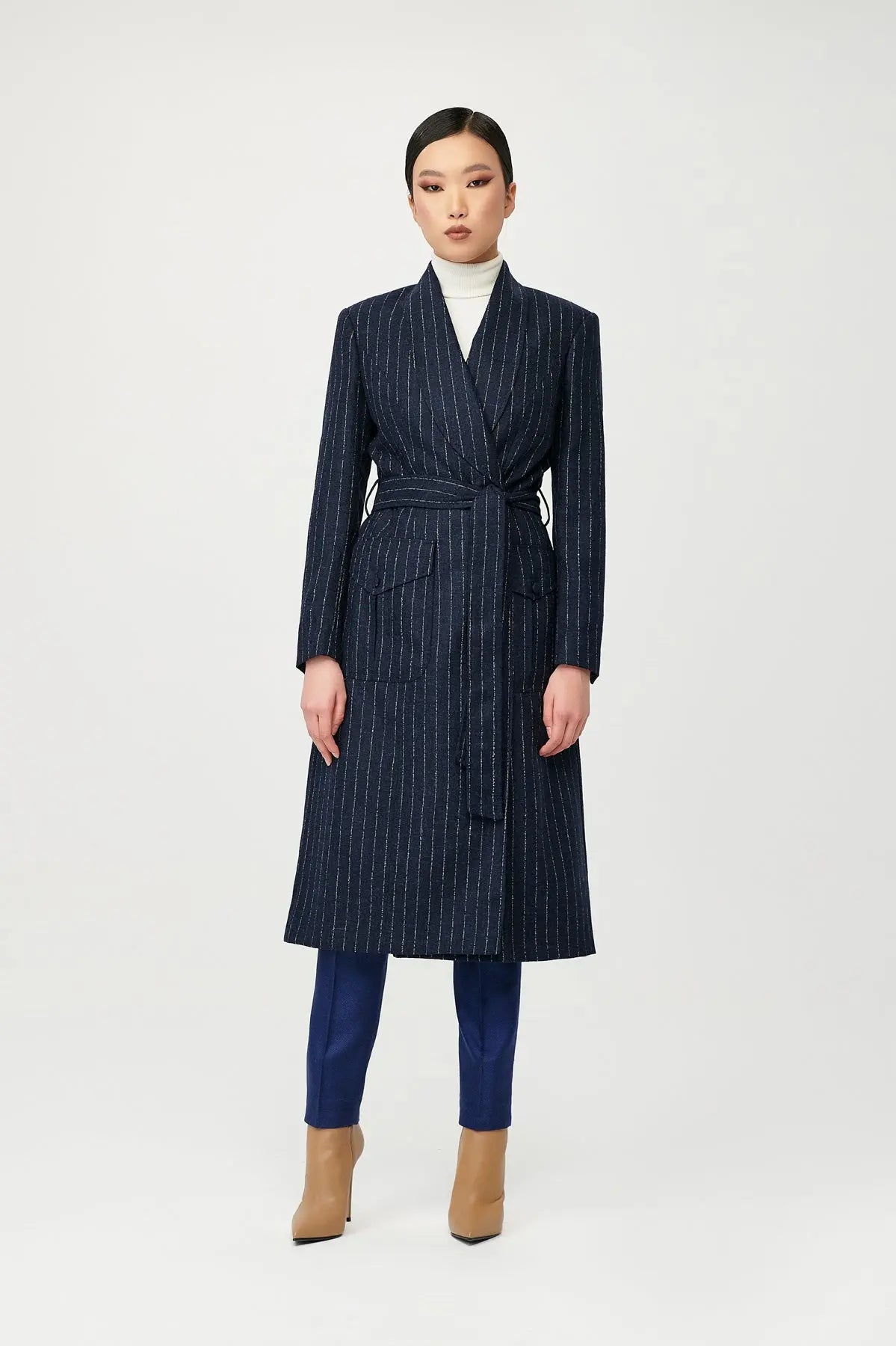 Tinsel Wool Wrap Stripe Coat with Belt - Alexandra-Dobre.com
