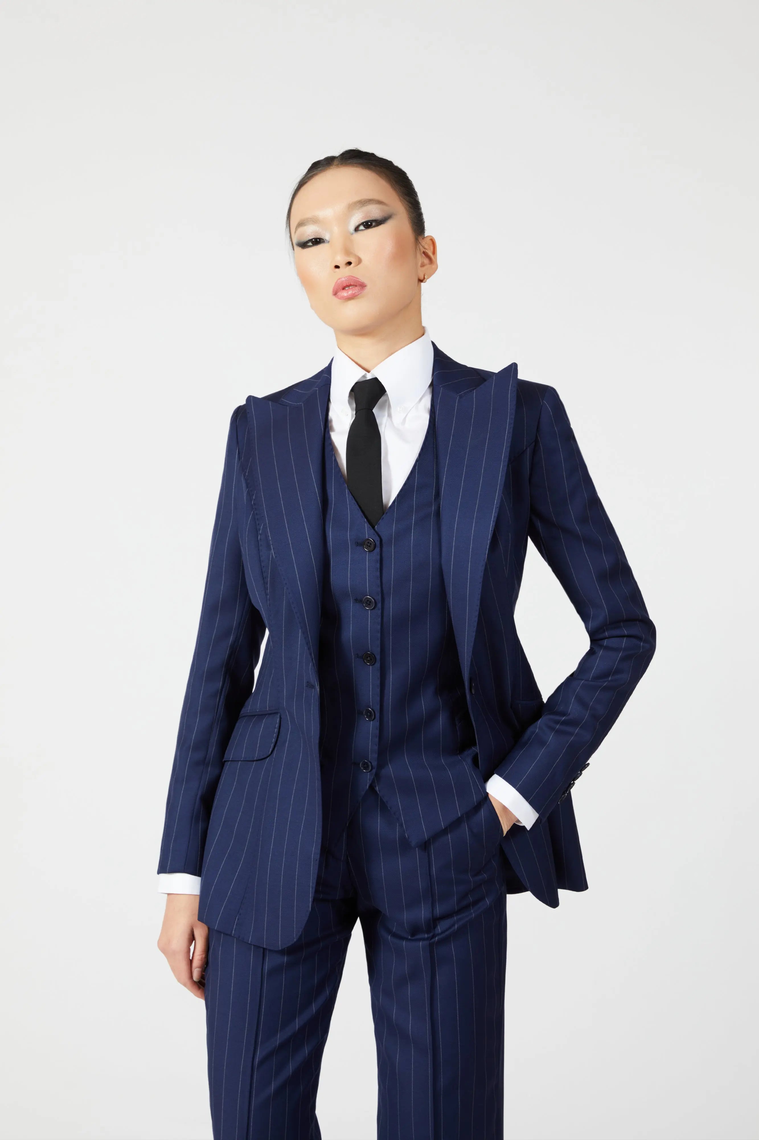 Navy Single Breasted Stripe Suit with Waistcoat - Alexandra-Dobre.com