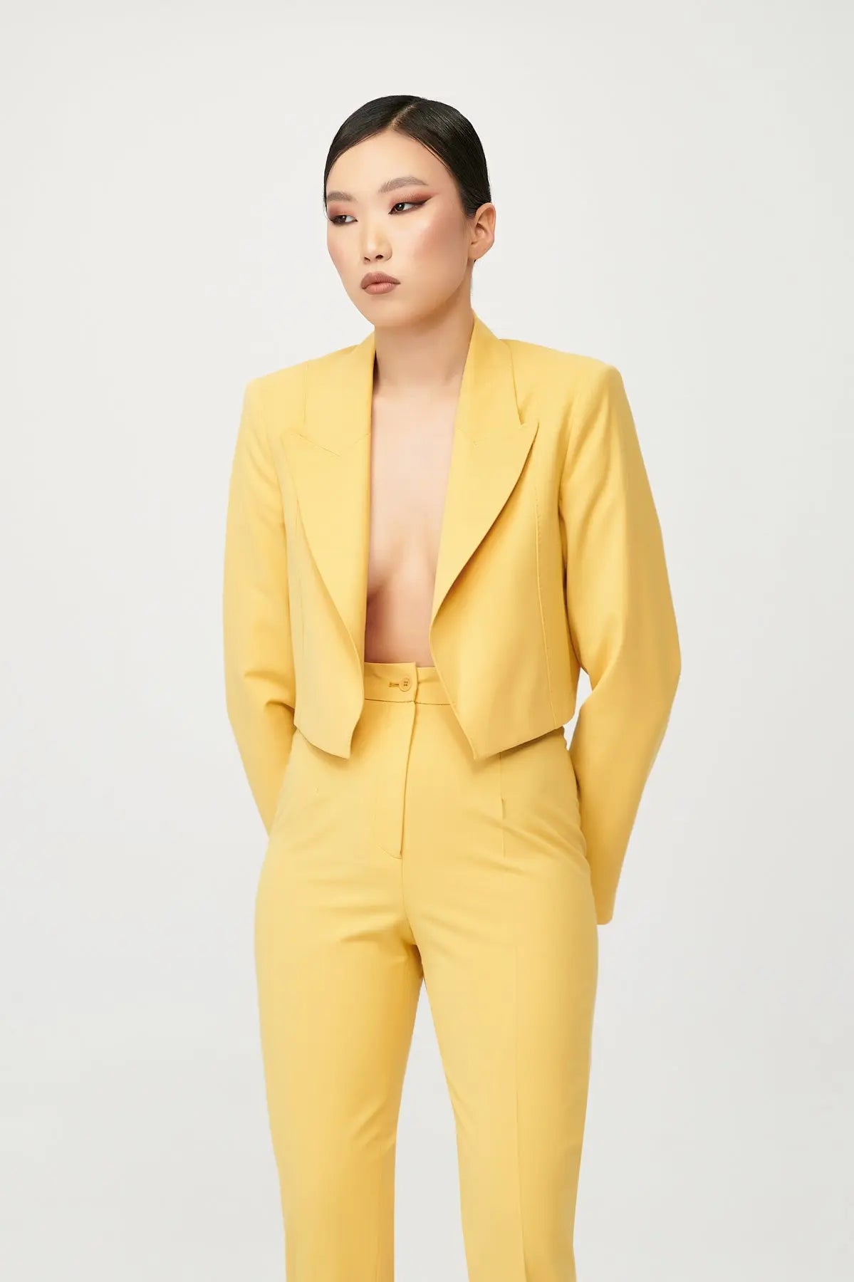 Primrose Single Breasted Cropped Suit with Cut-Out Flared Trousers - Alexandra-Dobre.com