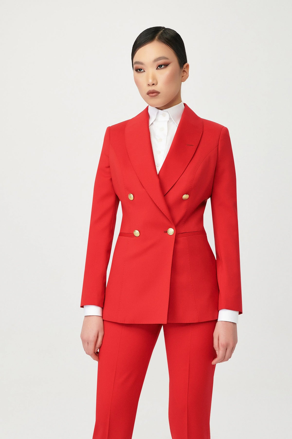 red dress suit womens Rasha Double Breasted Suit with Gold Buttons