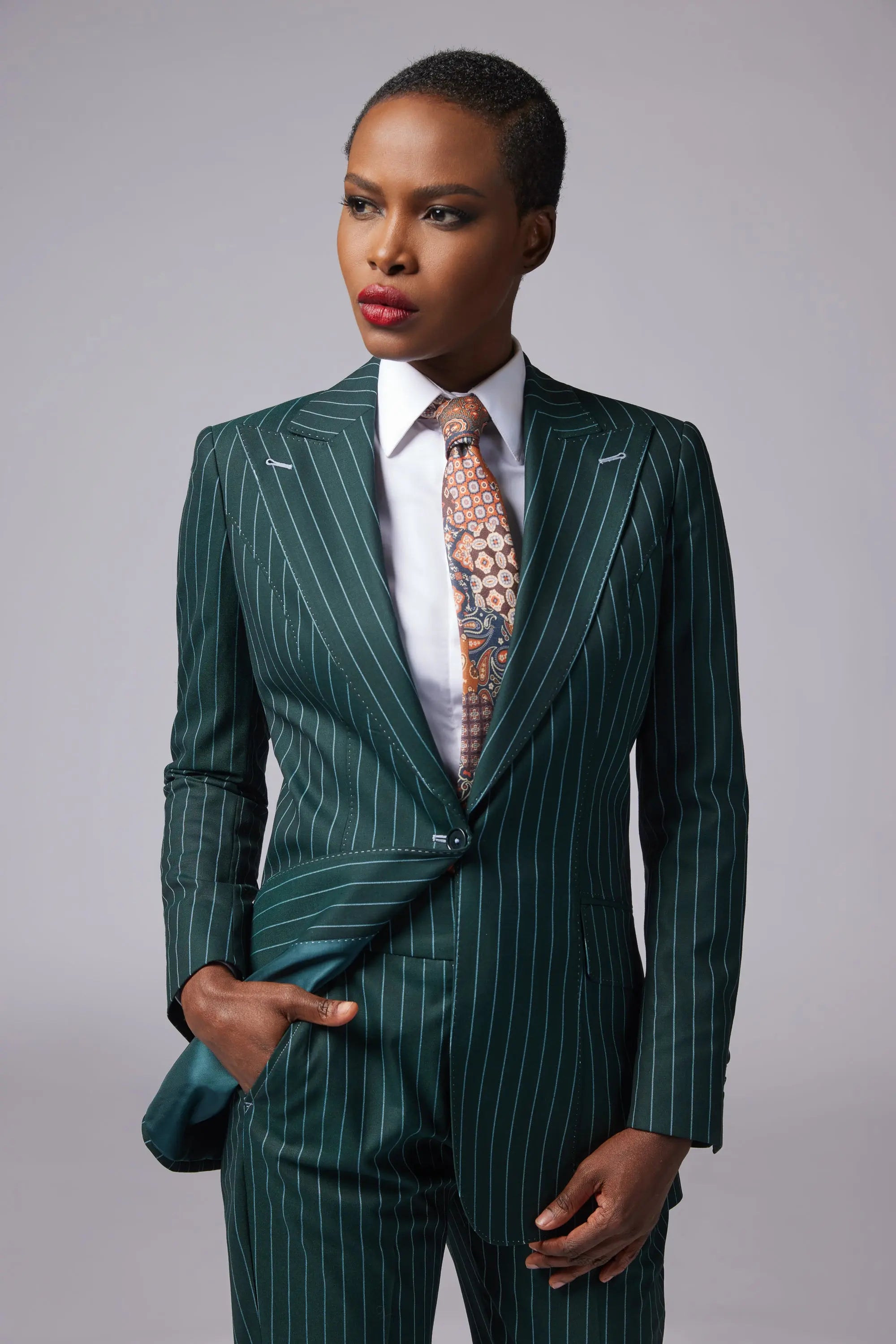 Sapphire Single Breasted Stripe Suit - Green Alexandra Dobre Sapphire Single Breasted Stripe Suit - Green Alexandra Dobre