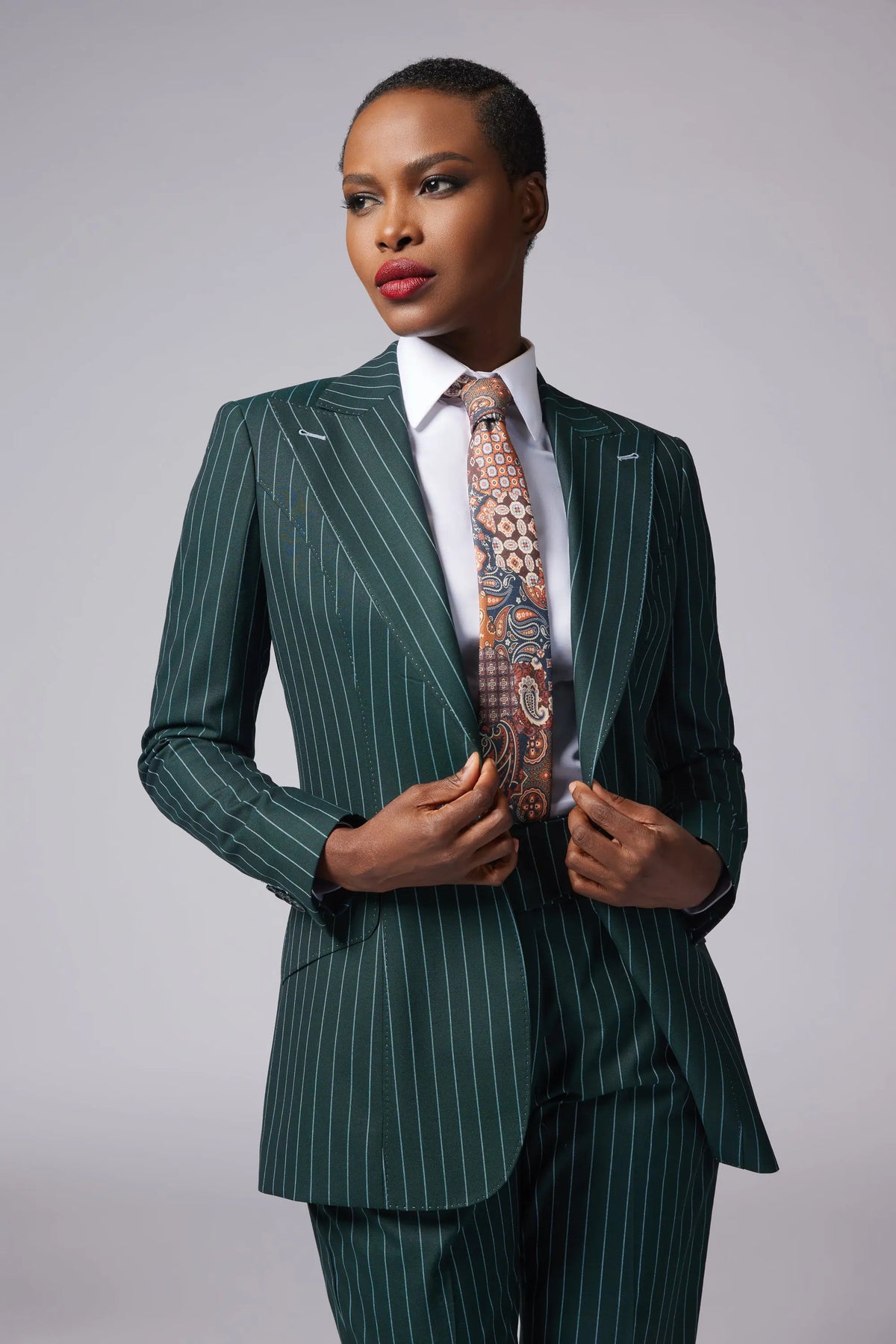 Sapphire Single Breasted Stripe Suit - Green Alexandra Dobre Sapphire Single Breasted Stripe Suit - Green Alexandra Dobre