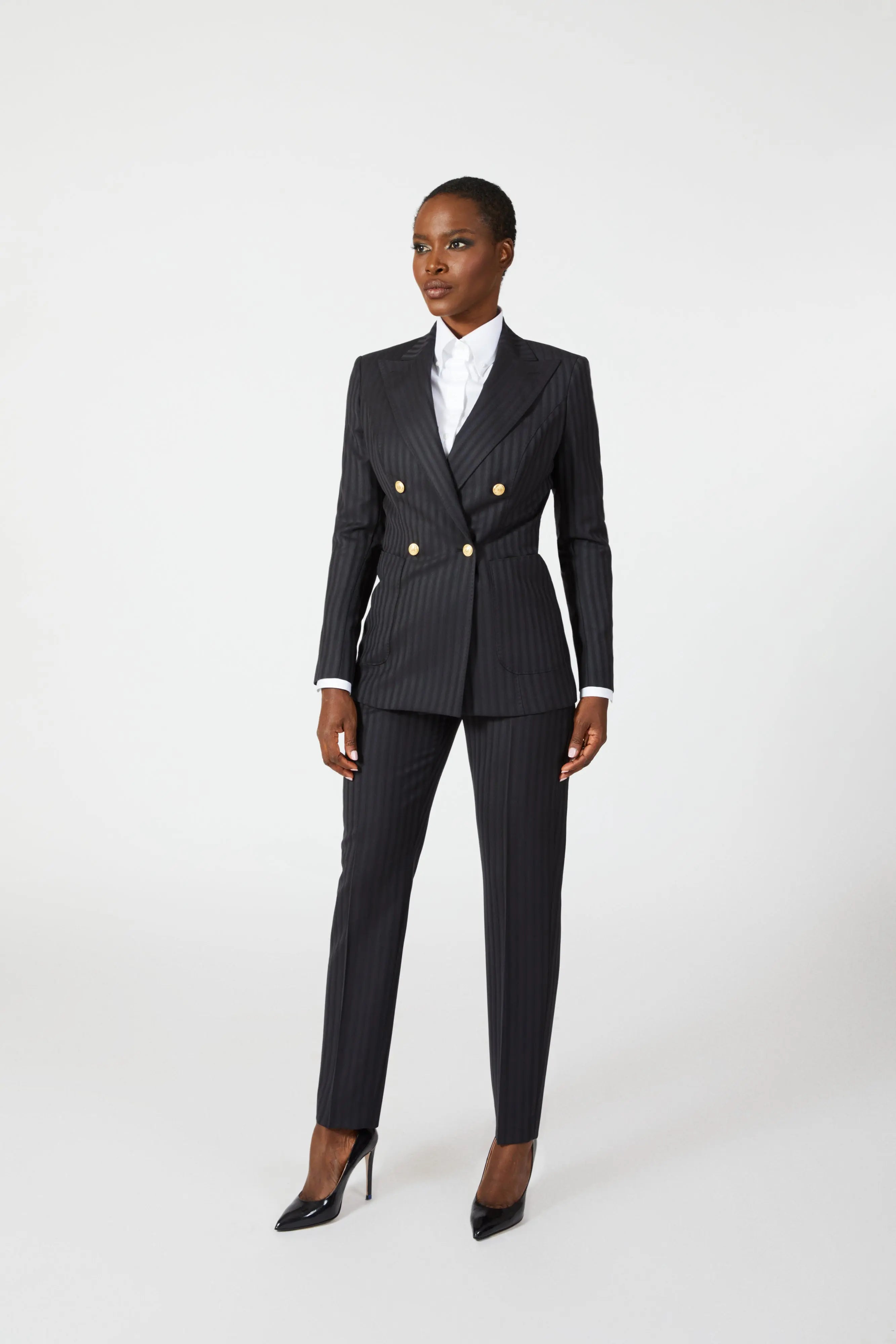Senay Double Breasted Stripe Suit with Gold Buttons Alexandra Dobre