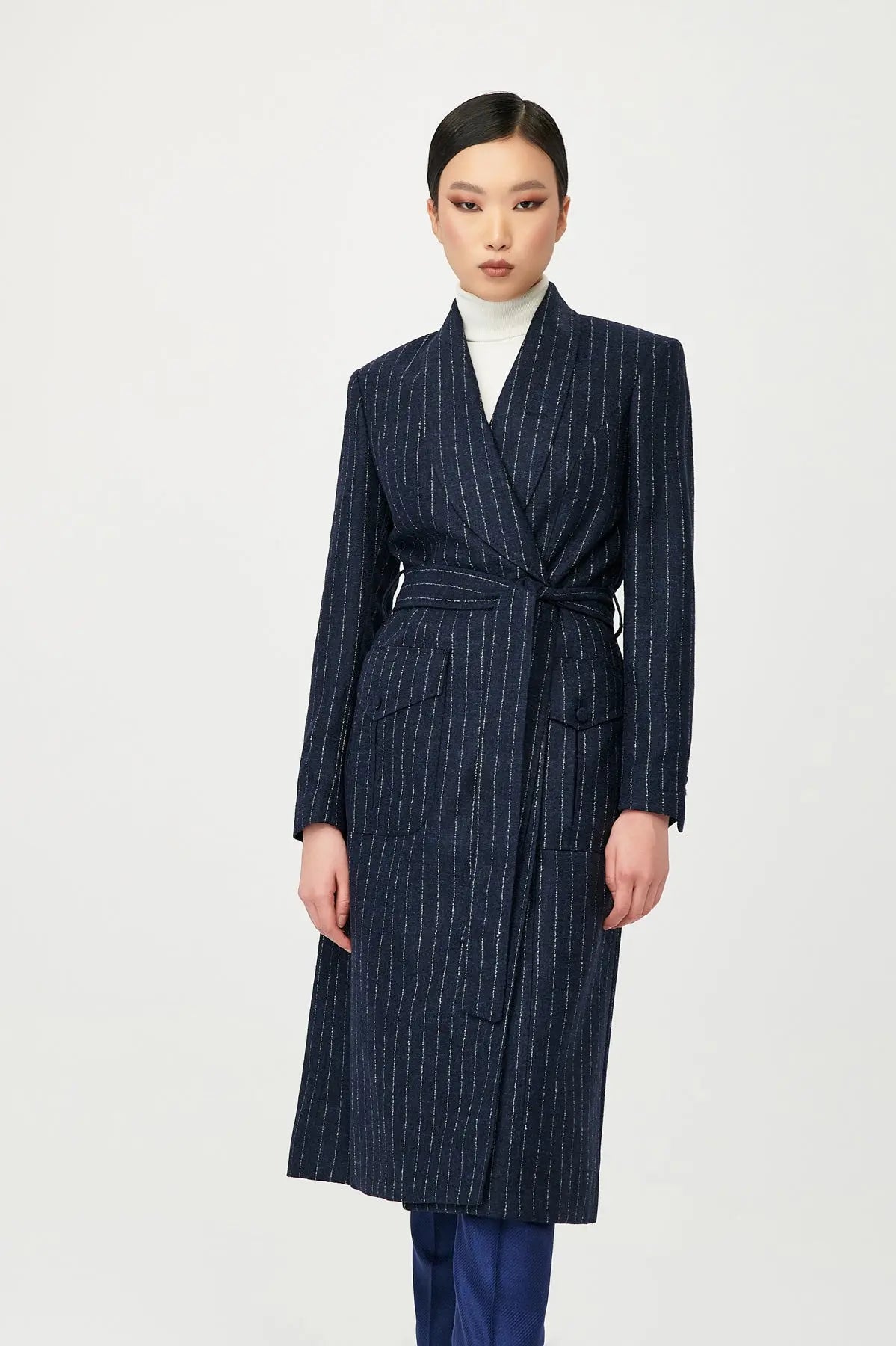Tinsel Wool Wrap Stripe Coat with Belt - Alexandra-Dobre.com